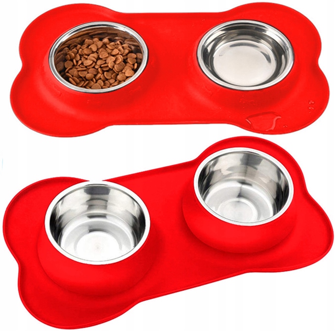 Levně Dvojitá miska pro psa kočku, kovová, Protiskluzová Podložka pod misky