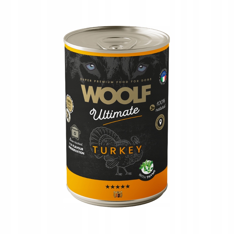 Levně Woolf Ultimate Plechovka Vlhké krmivo pro psy adult Krůta Tymián 12x400g
