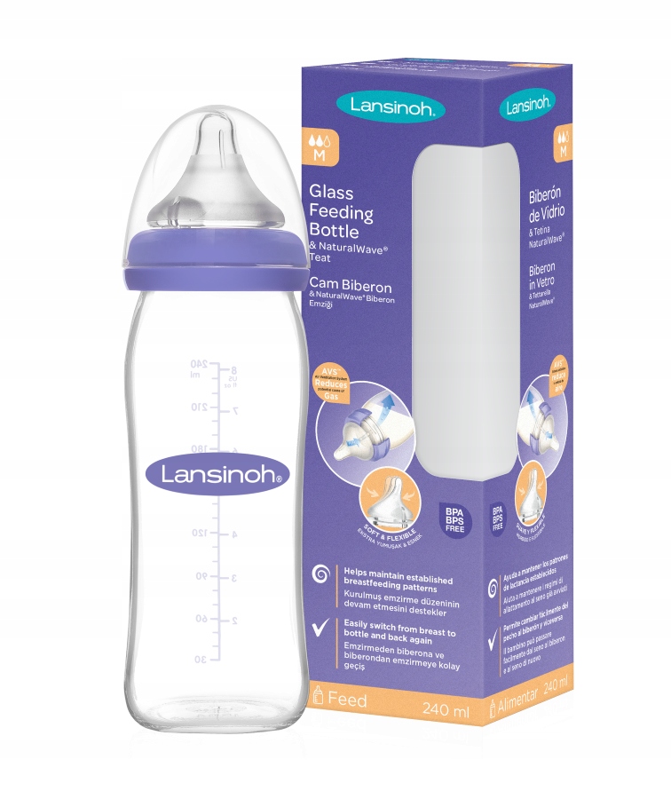 LANSINOH Butelka SZKLANA 240ml + Smoczek M Natural Wave