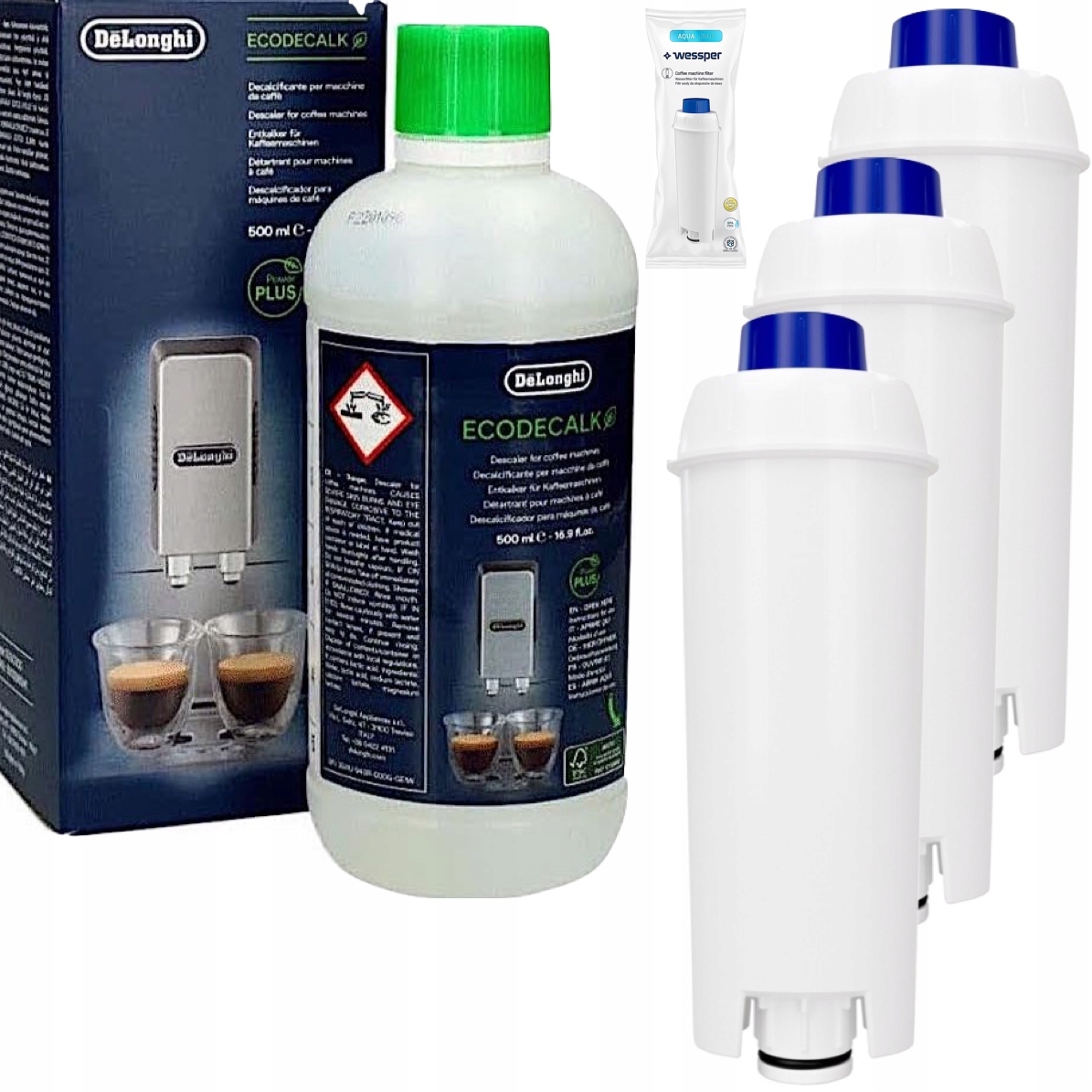 Silný Odvápňovač DeLonghi 500 ml 3 x filtr AquaLunga pro kávovar DeLonghi