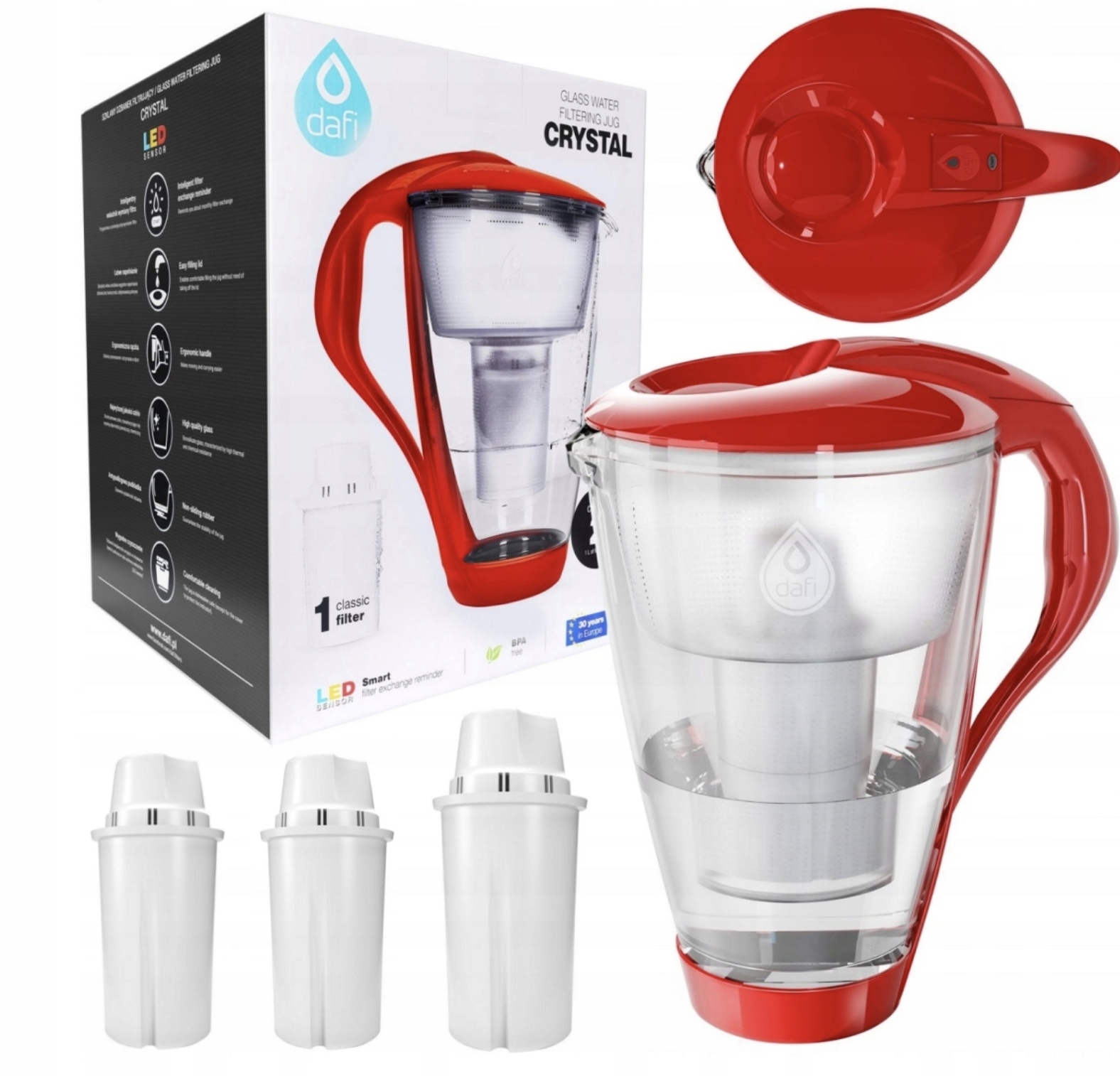 Szklany dzbanek filtrujący Dafi Crystal Led 2l 3 filtry Classic Makowy