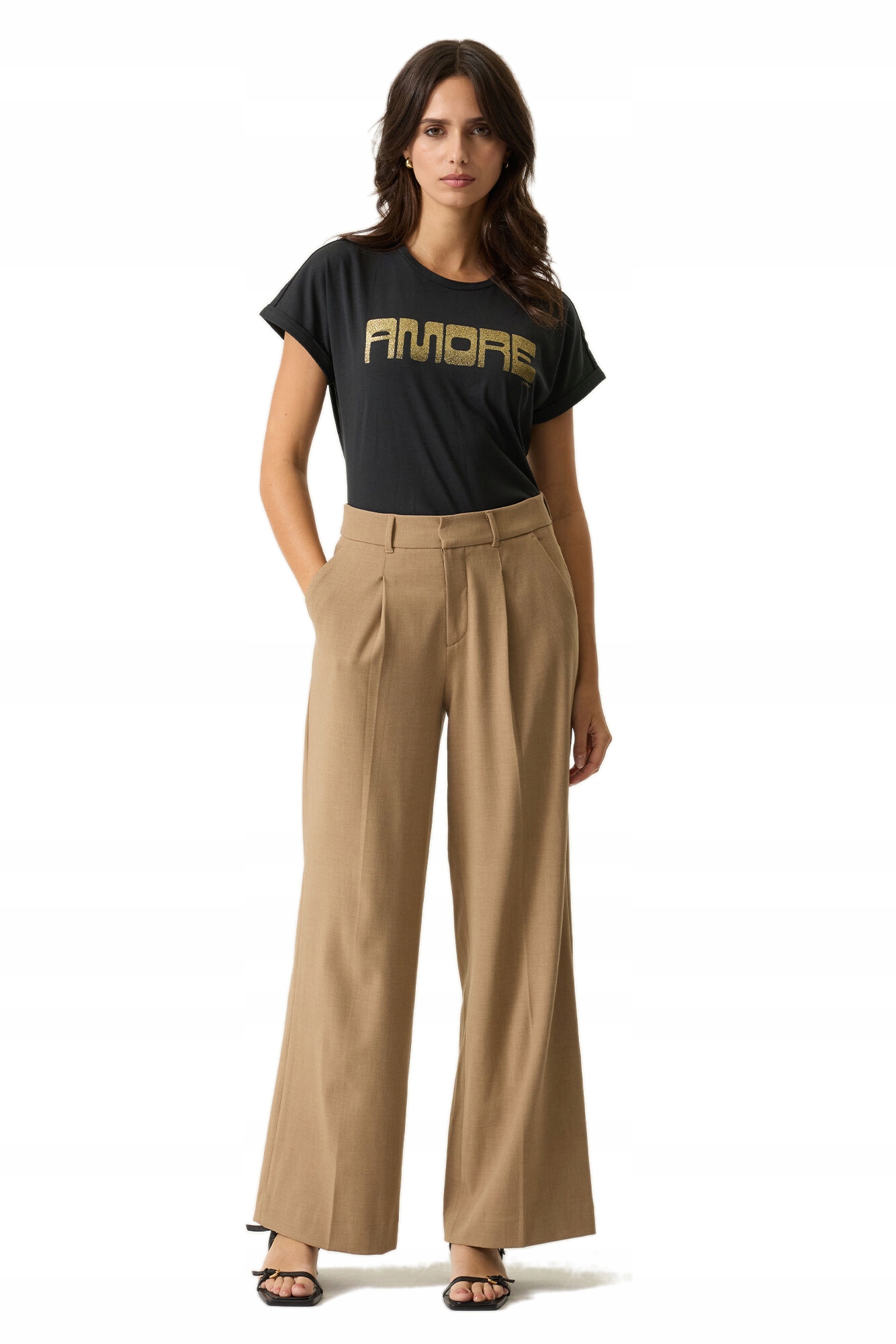 Elegantní Dámské Široké Nohavice S Vysokým Pasem, Hnědé Garcia