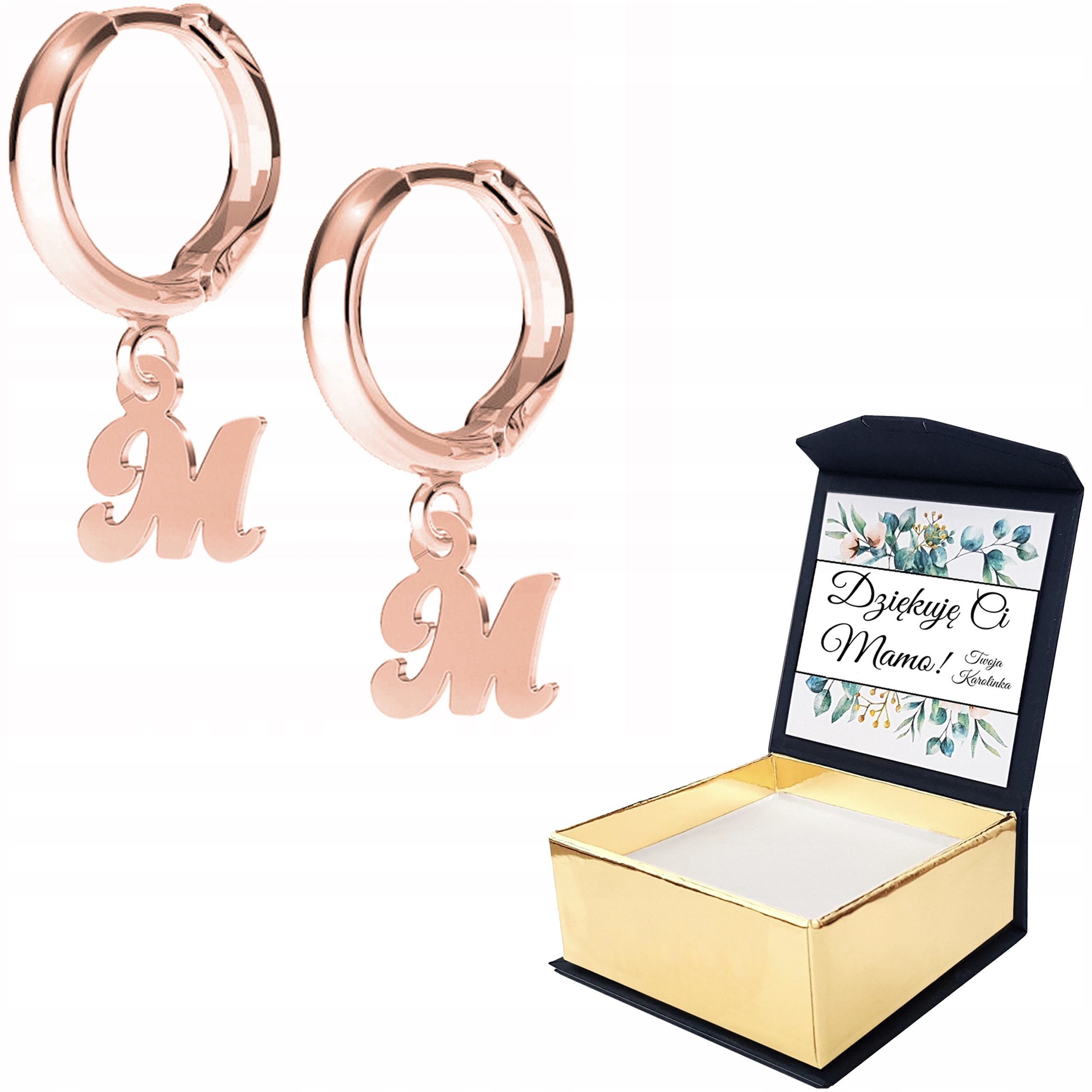 Náušnice růžové zlato Malé písmeno M Vlastní Potisk