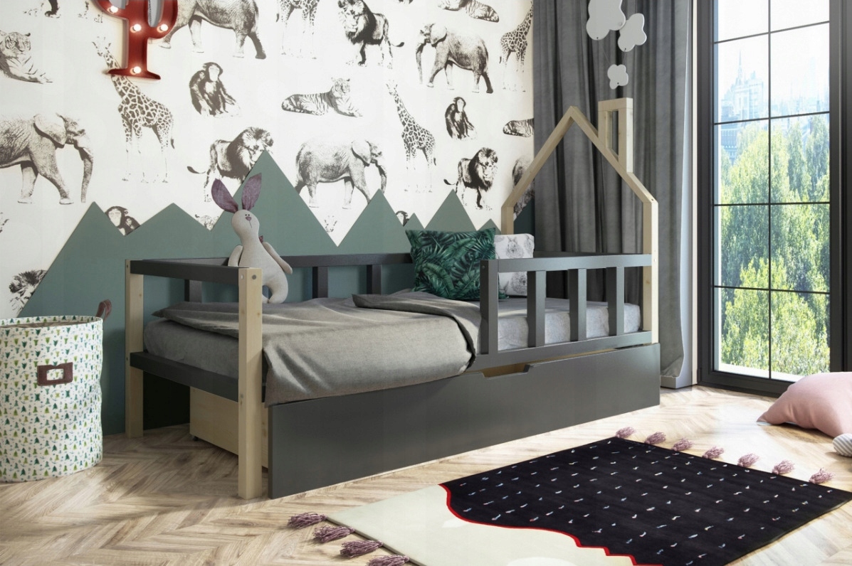 Łóżko dziecięce domek z kominem Bruno sosna grafit