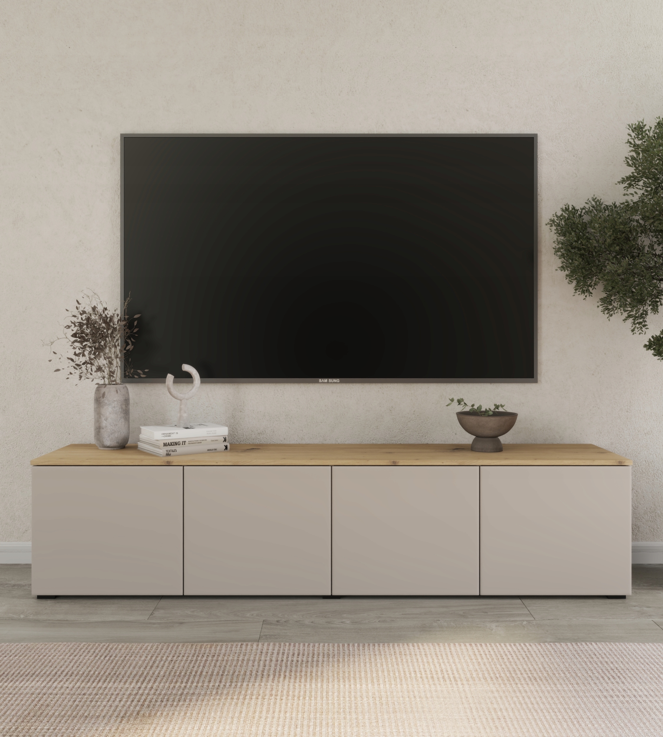 KOMODA, STOJĄCA SZAFKA RTV 200 CM BLAT DĄB ARTISAN / KASZMIR WYSOKA