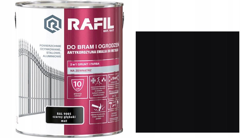 Rafil Do Bram I Ogrodzeń RAL9005 Czarny Głęboki Mat 3L Farba Do Metalu