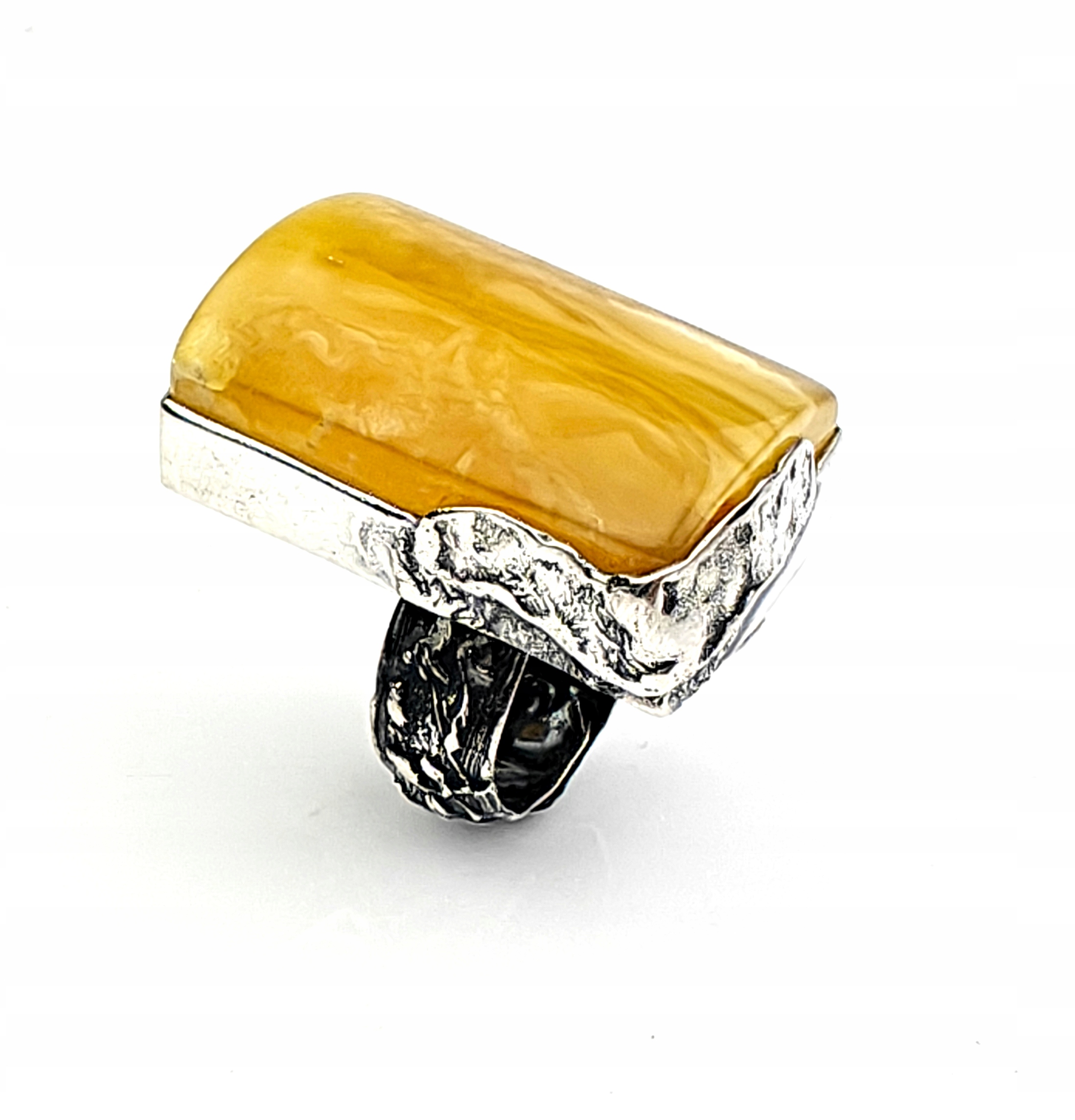 Obdélníkový Nastavitelný Prstýnek Stříbro Jantarový Medový