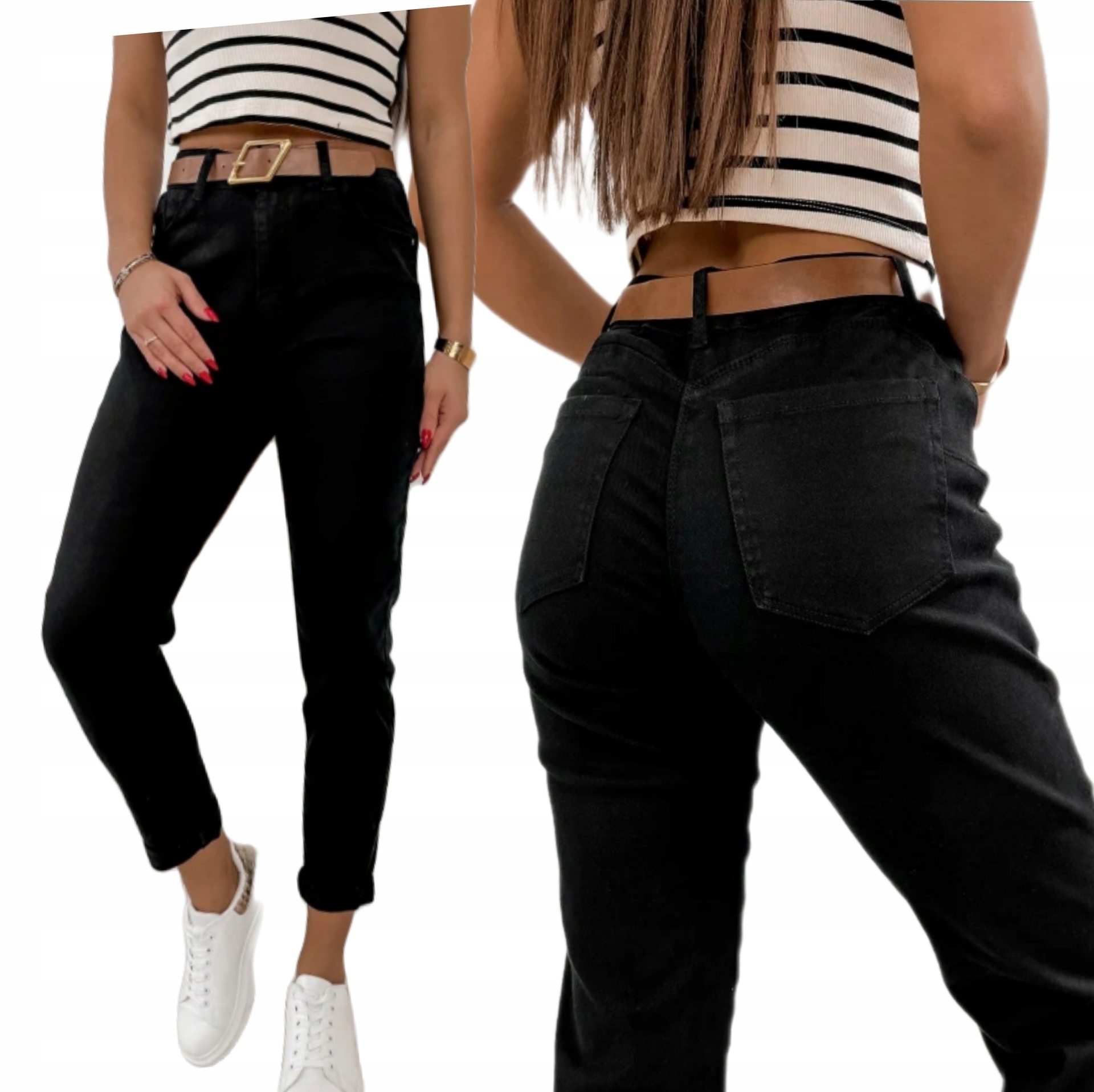 Spodnie Jeansowe Mom Fit Boyfriend Czarne Z Paskiem Luźne Xs