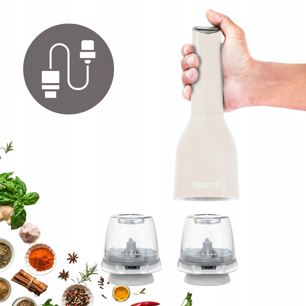 Elektryczny młynek do soli i pieprzu na Usb FinaMill Fina Mill kremowy