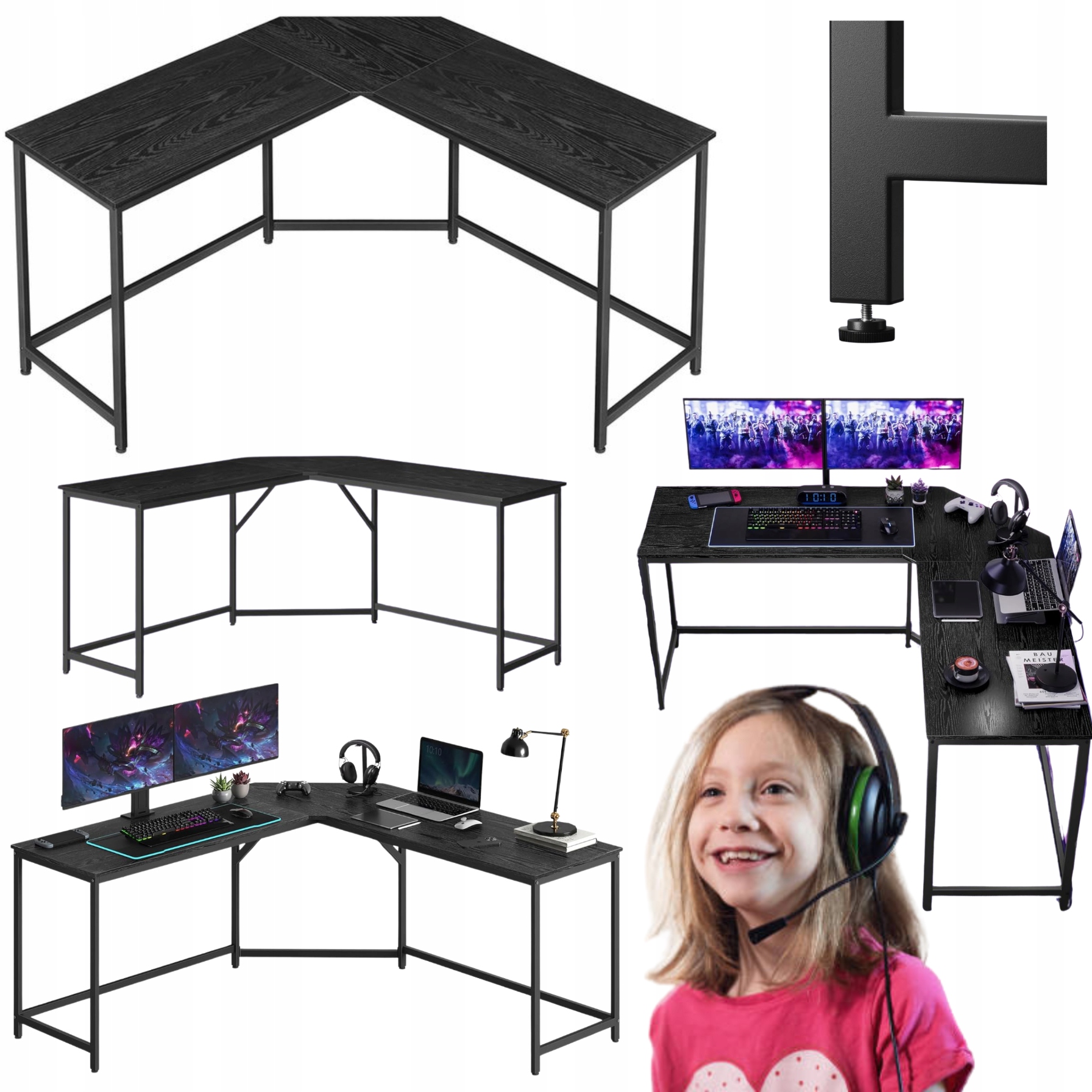 Veľký rohový stôl čierny 140 cm Loftový kancelársky stojan na monitor Gaming