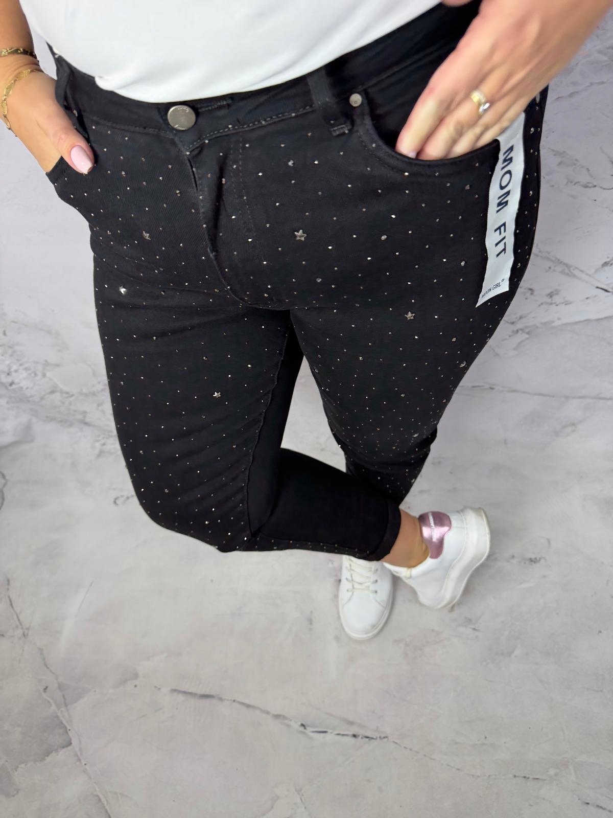 Jeansy kalhoty černé stříbrné zirkony hvězdičky Momfit 2XL 44