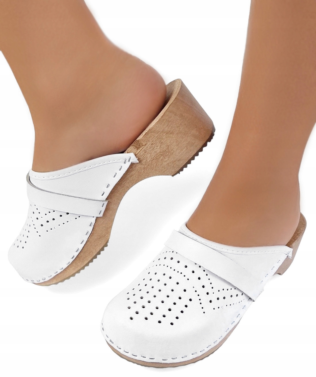 BIAŁE Drewniaki Pełne Ażurowe Skórzane Klapki Chodaki Damskie Medyczne *39*