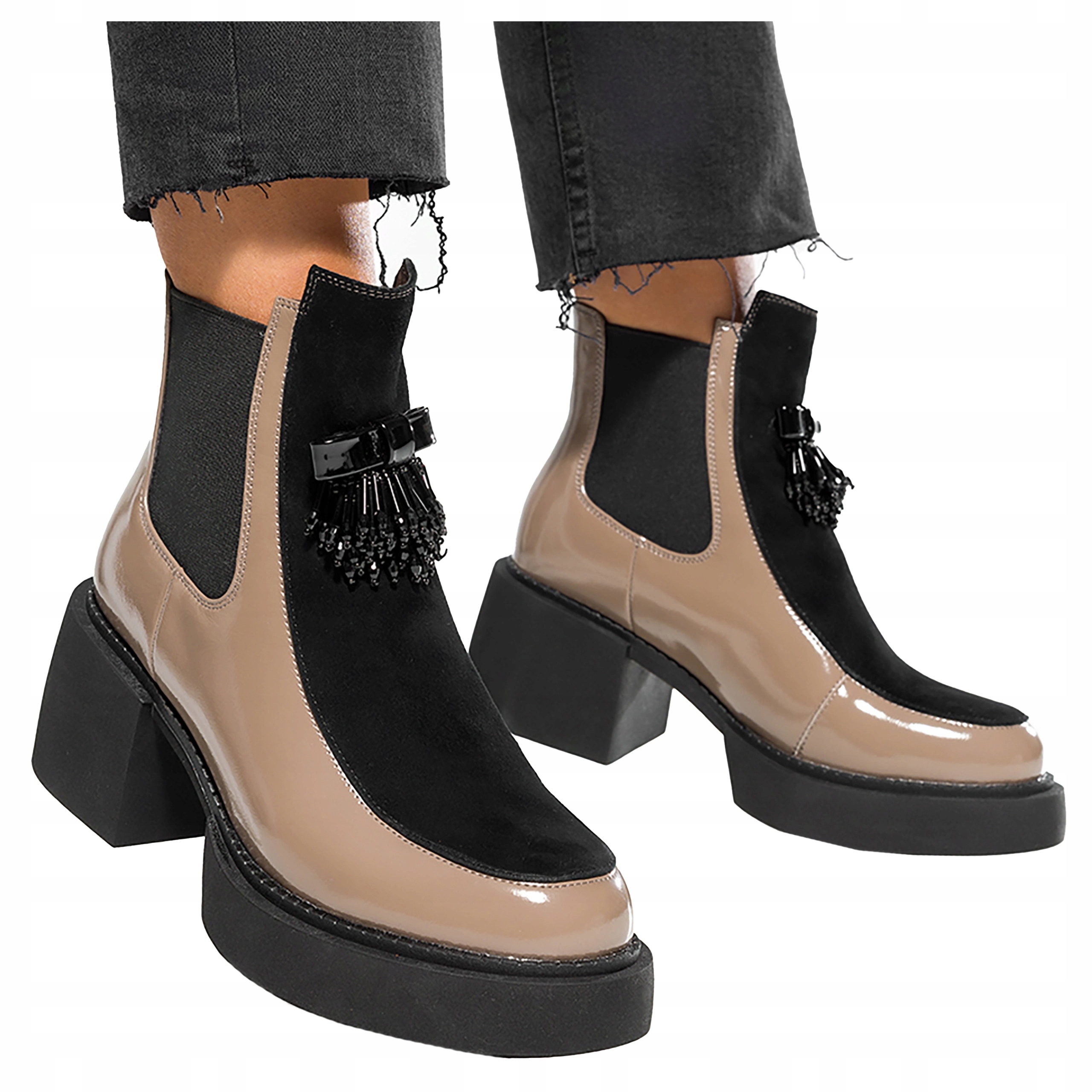 Dámské Kotníkové Boty Béžové Kožené Lakované s ozdobou Široká Kostka vel. 41