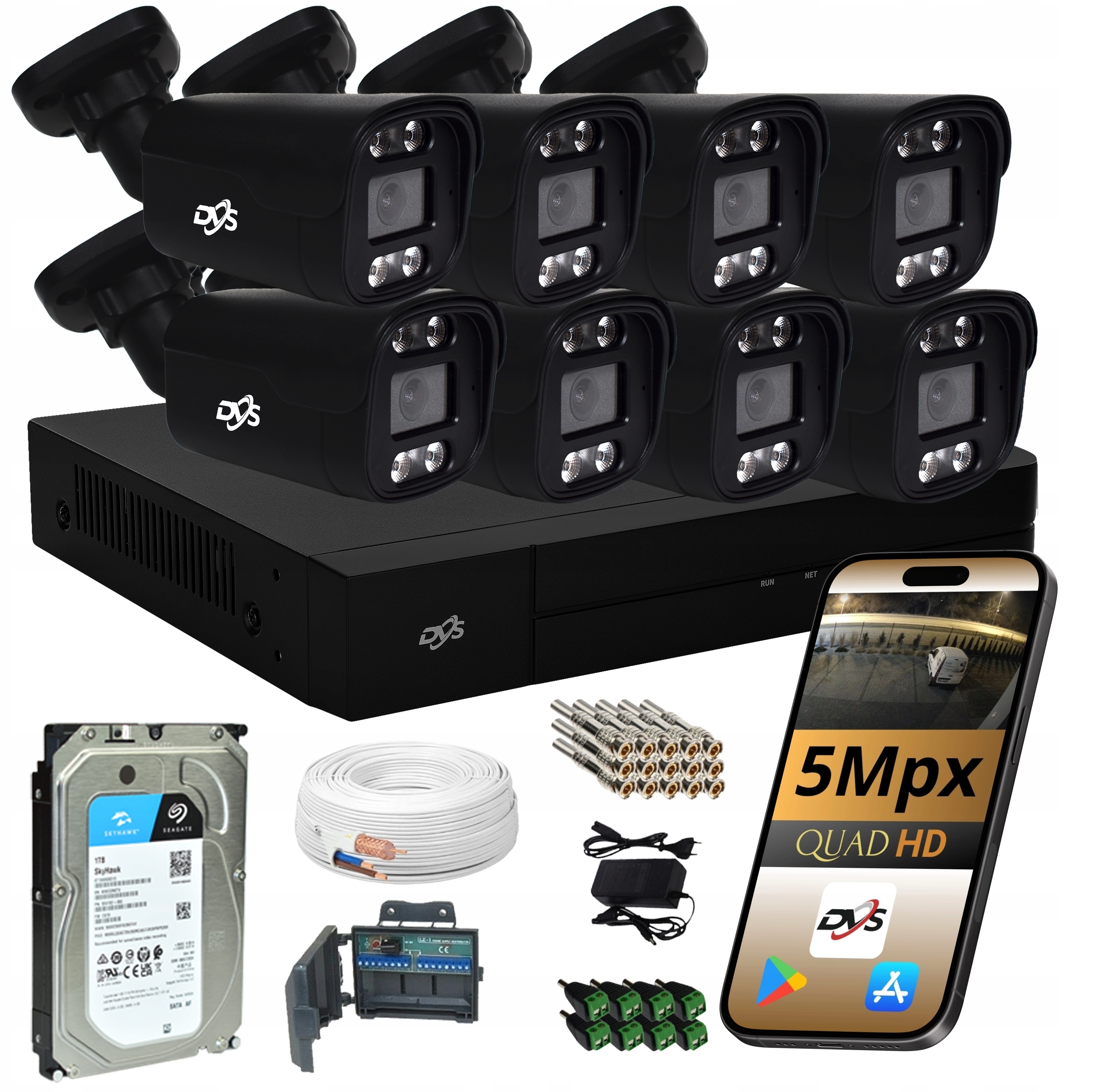 Sada 8 Venkovních Analogových Kamer Černá Monitorovací Kamera Tuba 5Mpx 1TB