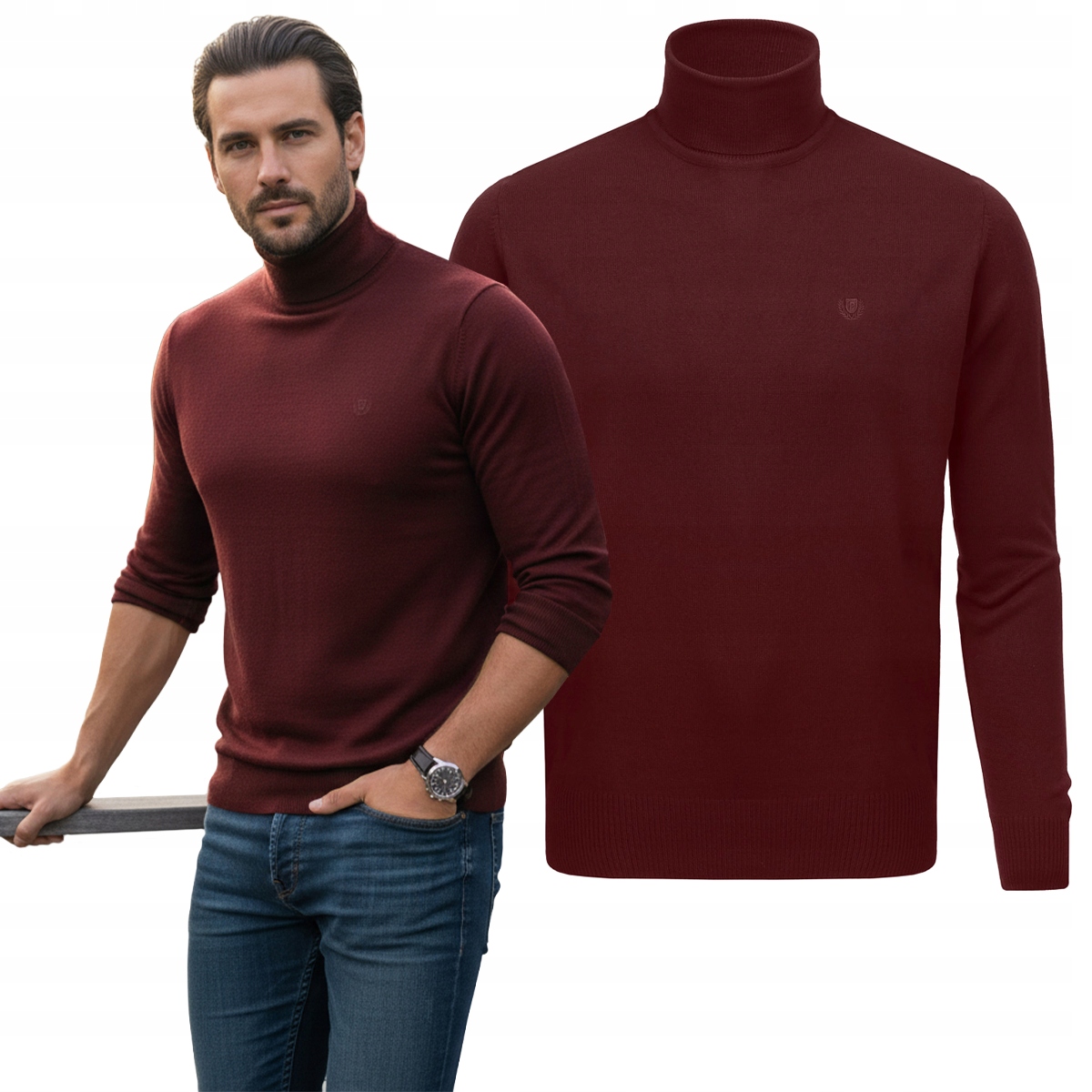 Klasický Rolák Pánský svetr Elegantní Hladký Vínový XXL Pako Jeans