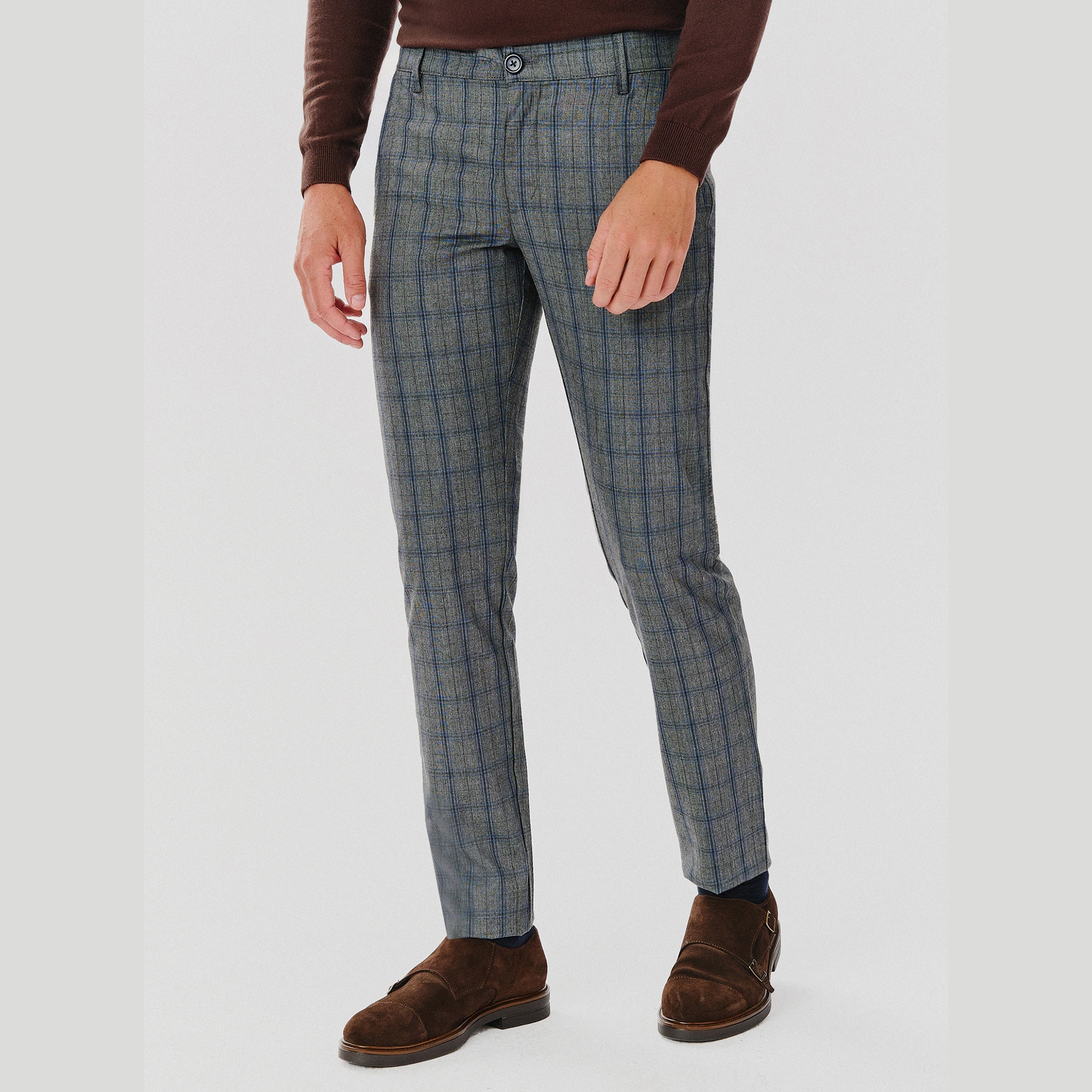 Šedé pánské kalhoty s modrou kostkou Pako Lorente vel L32 W32