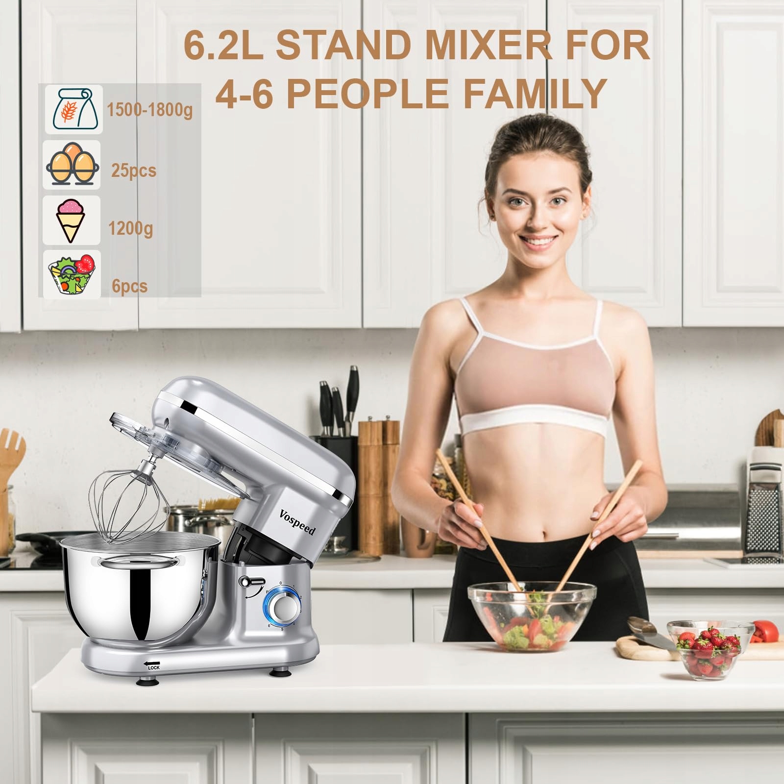 VOSPEED Mikser Kuchenny 1500W 6 Prędkości 6.2L Misa Srebrny — miniatura 5