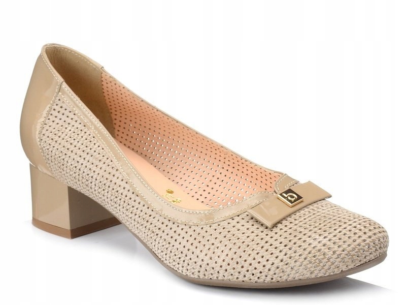 Czółenka damskie beżowe Bioeco 5684 na obcasie skórzane ażurowe 40