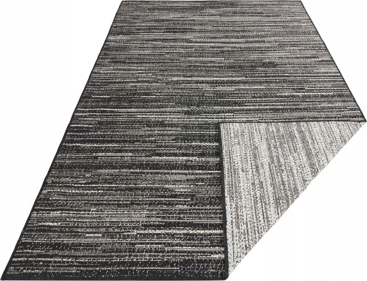 Koberec na terasu 160 x 230 cm, černo krémový, oboustranný, plochý, tkaný provázek