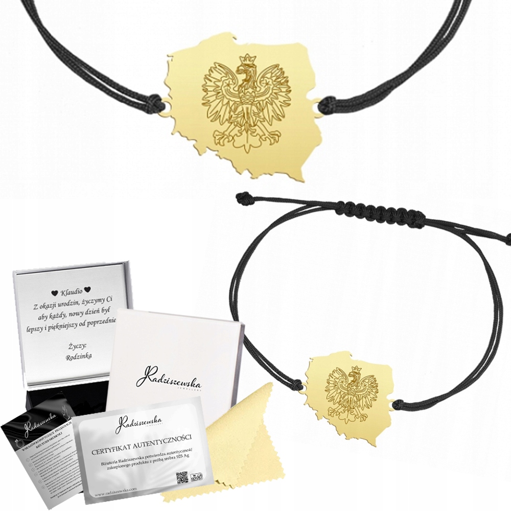 Zlatý náramek Polská mapa Šňůra 925 Gravírování Dárek Věnování Bonus