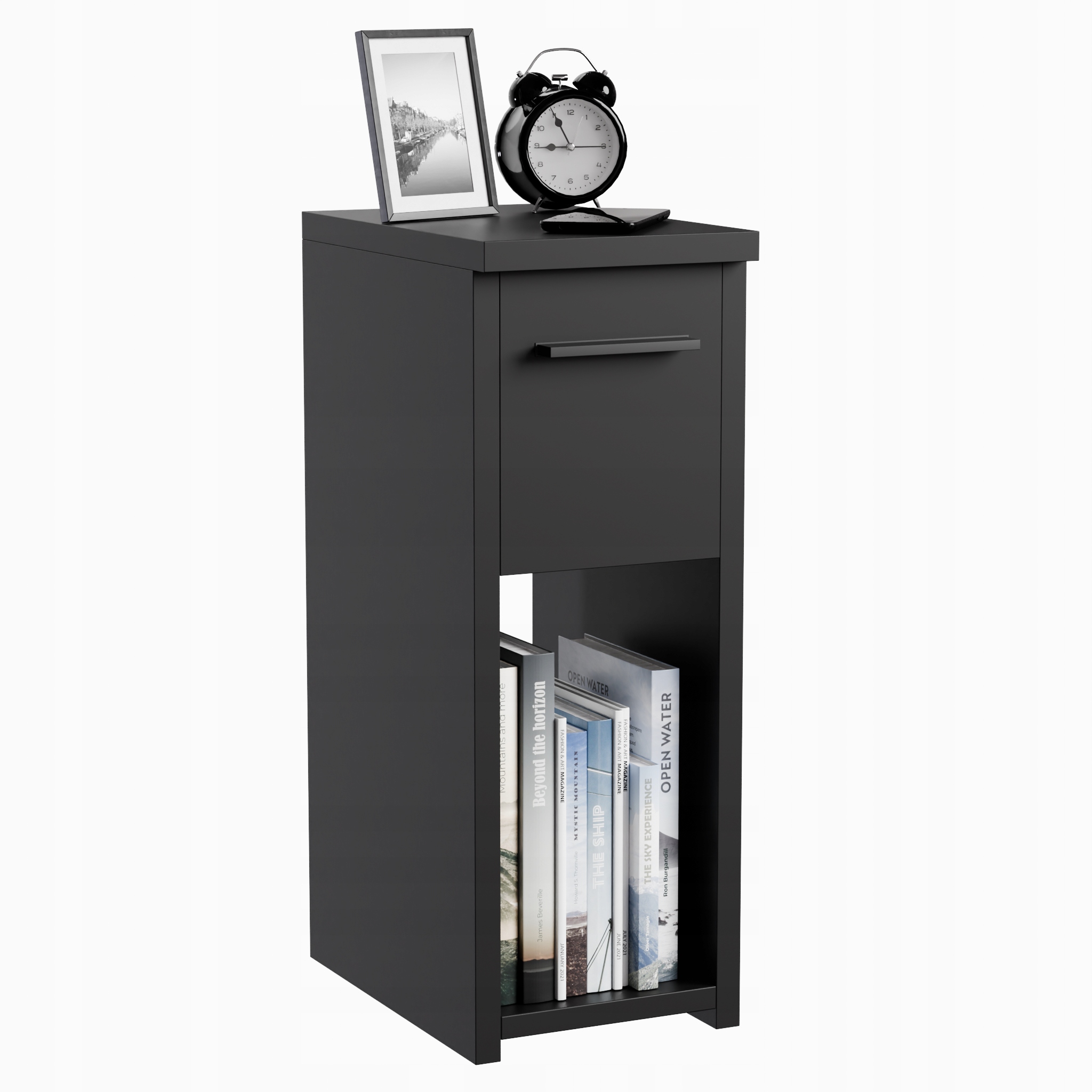 Noční Stolek Úzký Černý 20x30 cm Se Zásuvkou A Policí, Loft Styl, Snadná Montáž