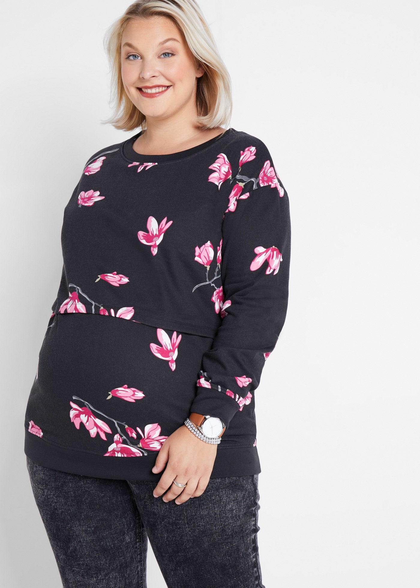 CA111 BLUZA DAMSKA CIĄŻOWA KLASYCZNA W KWIATY BONPRIX 32/34 CZARNA Marka Bonprix