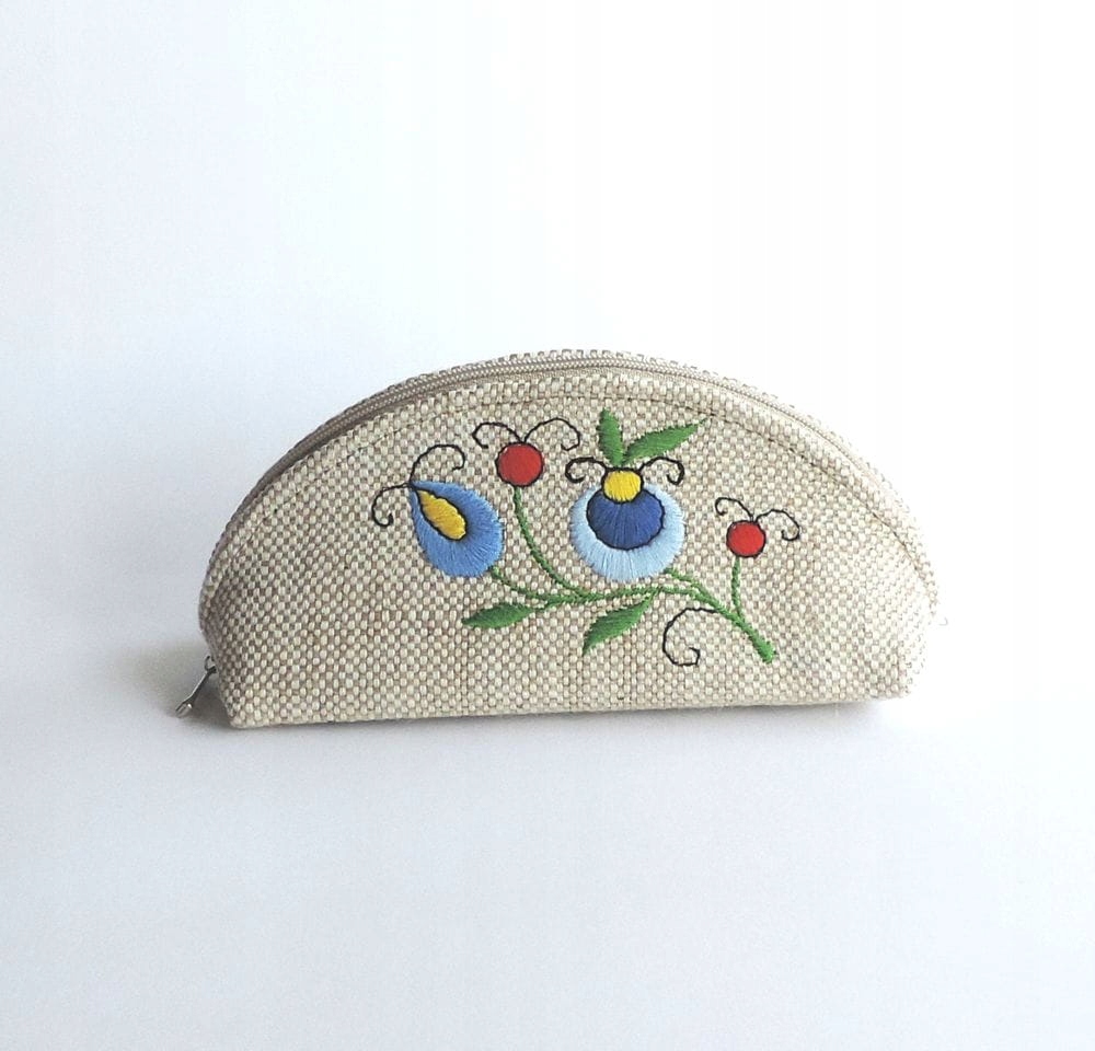 Malá Folková Kosmetická Taška S Kašubskou Výšivkou Lněná Handmade