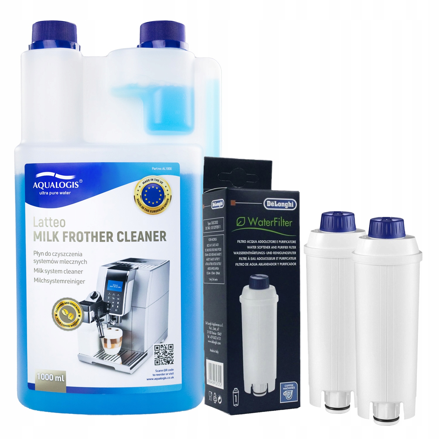 2x Filtr vody DLSC002 pro kávovar Delonghi čisticí kapalina Latteo 1 l