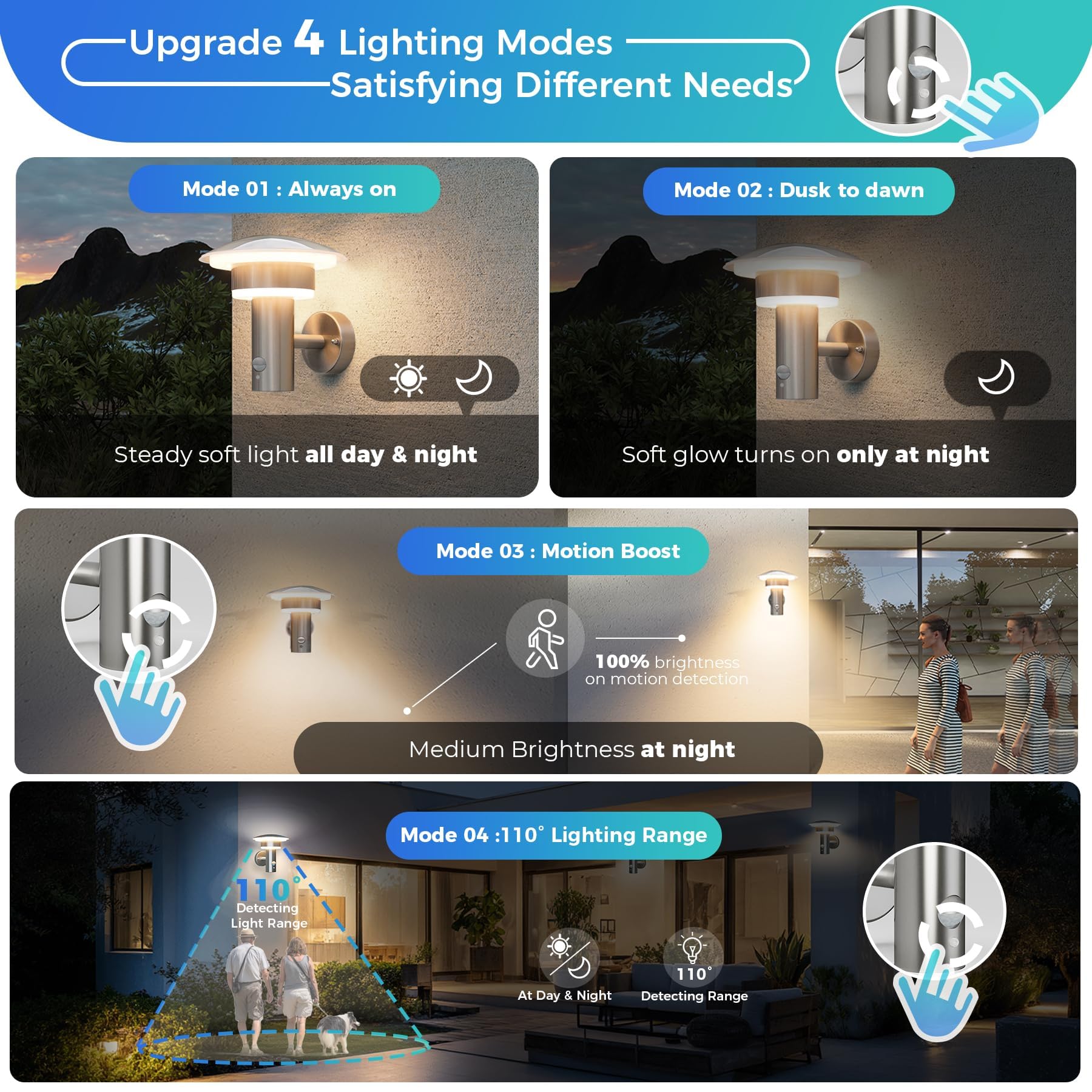 Lampa Zewnętrzna LED Z Czujnikiem Ruchu Zmierzchu Stal IP54 3000K 1000lm 9W — miniatura 2
