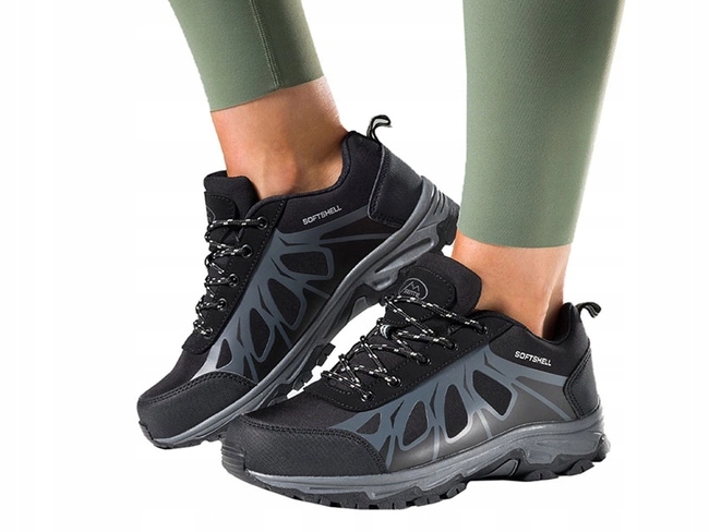 OBUWIE TREKKINGOWE DAMSKIE SOFTSHELL CZARNE SZNUROWANE SZARE DODATKI r 41