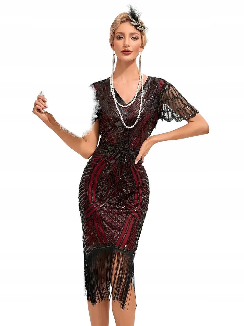 Šaty 02 Retro na Ples Bordó s Třásněmi a Flitry 20 let