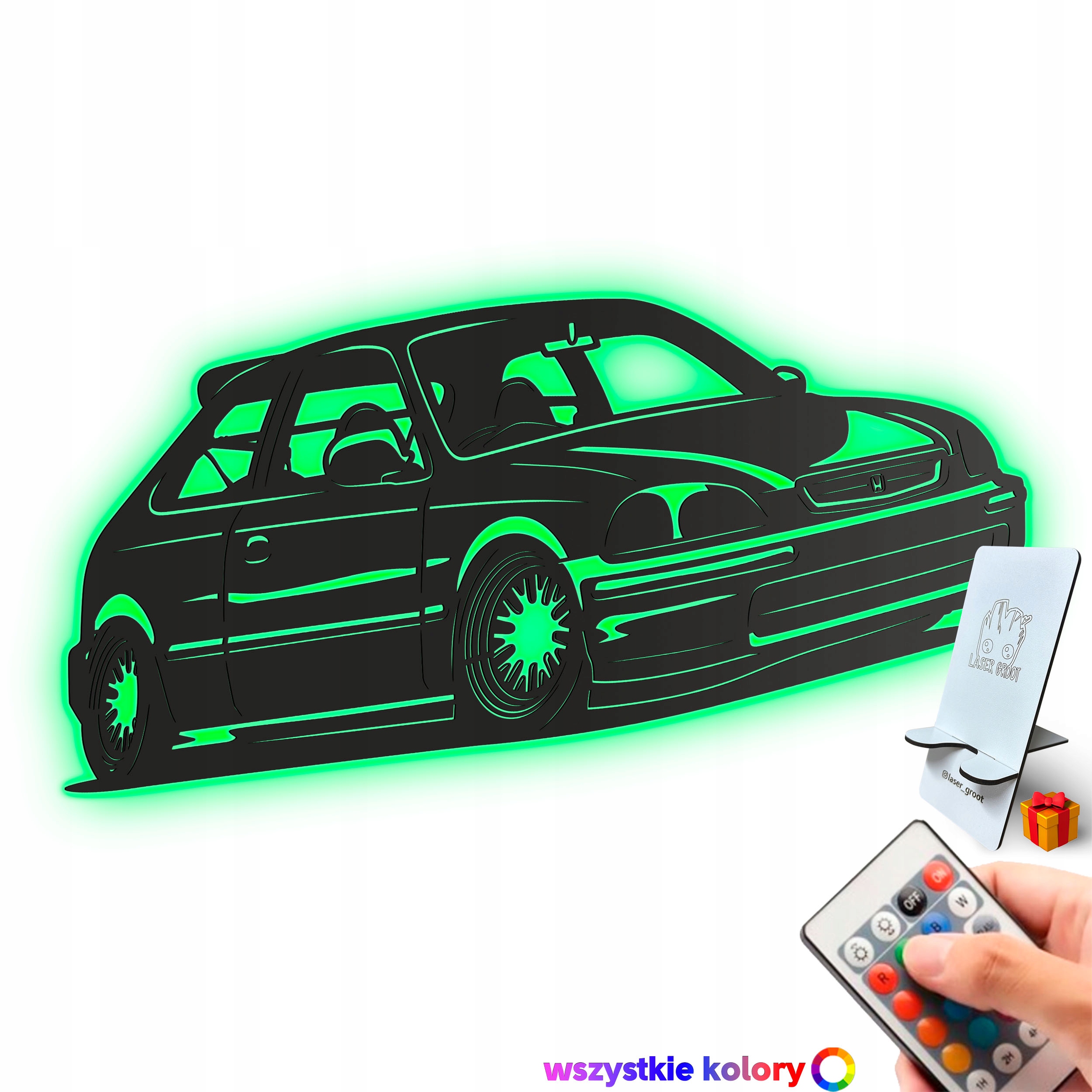 Dřevěný 3D obraz Honda Civic Nástěnný Dárek Noční Lampa Led XL