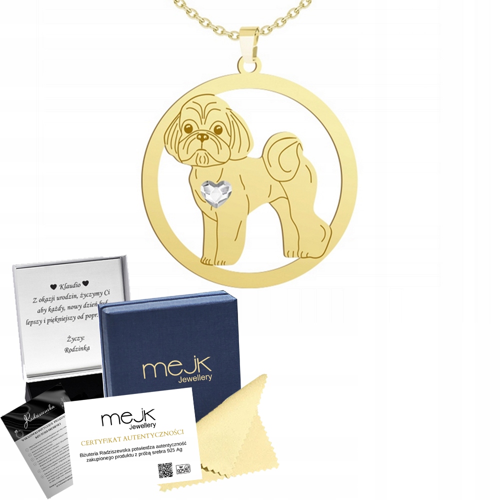 Zlatý náhrdelník se psem plemene Shih Tzu 925 Řetízek Žena Gravírování Bonus