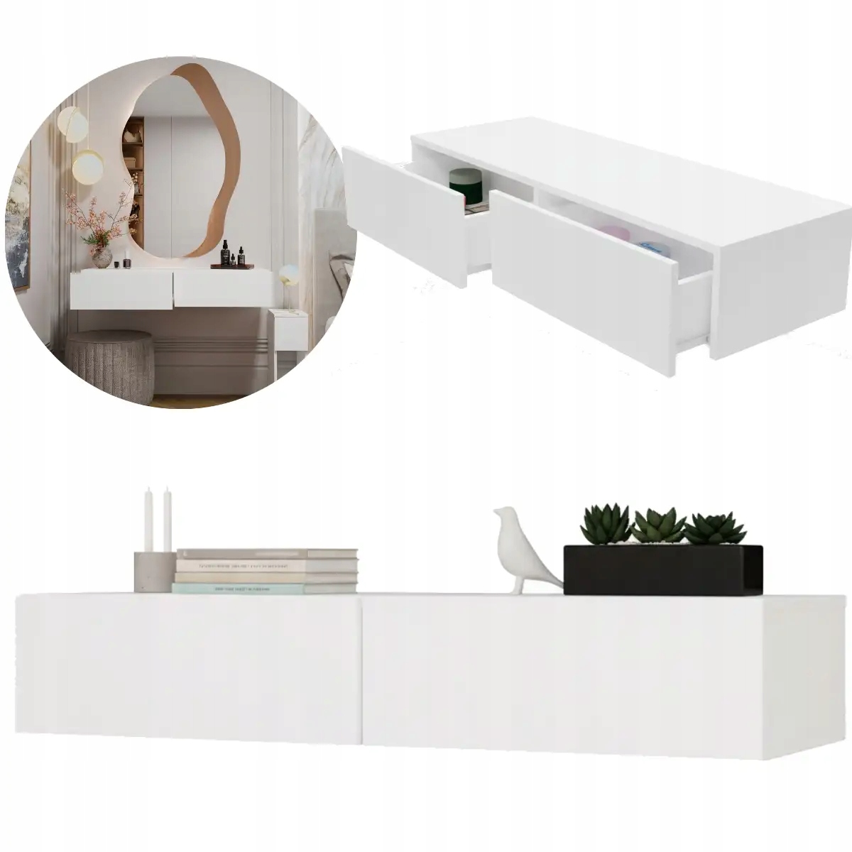 Toaletka Kosmetyczna Wisząca Nowoczesna Do Sypialni 2 Szuflady 110 cm Biała