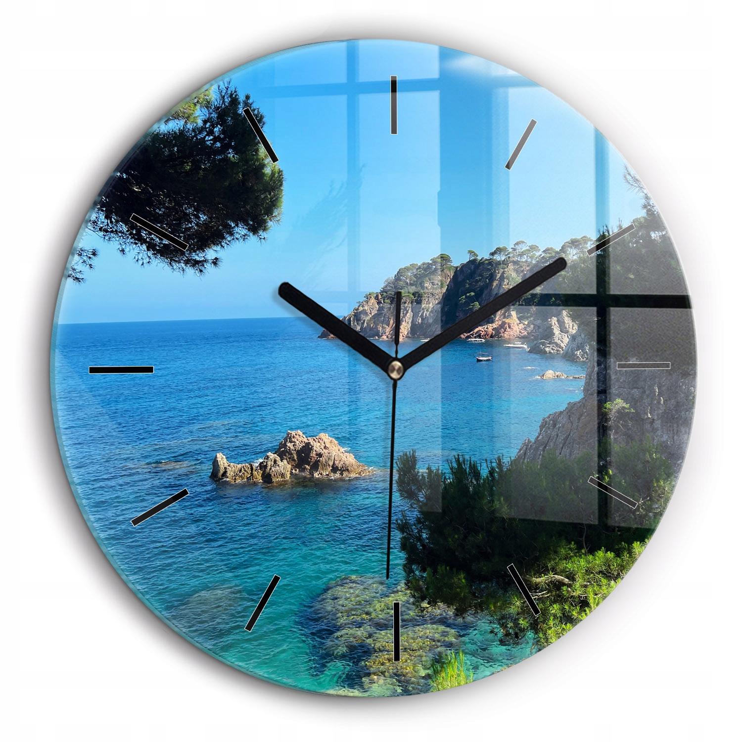 Tichý nástěnný hodinový stroj ze skla Costa Brava s černými ručičkami, průměr 60 cm
