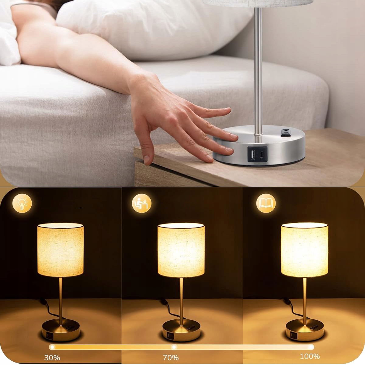 LAMPA STOŁOWA NOCNA PŁÓCIENNY ABAŻUR Z PORTAMI USB + ŻARÓWKA E27 EAN (GTIN) 882696034930