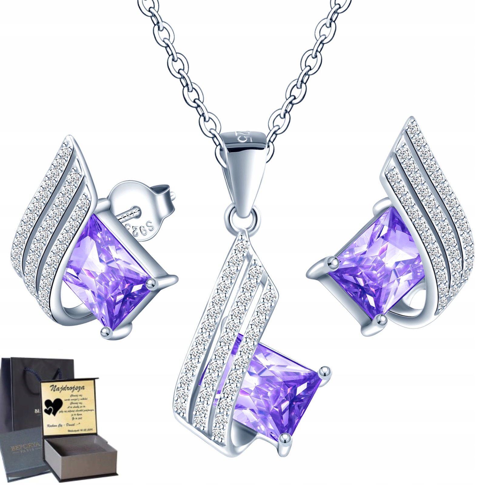 

Dla Niej Srebrny Komplet Srebro 925 Grawer Prezent