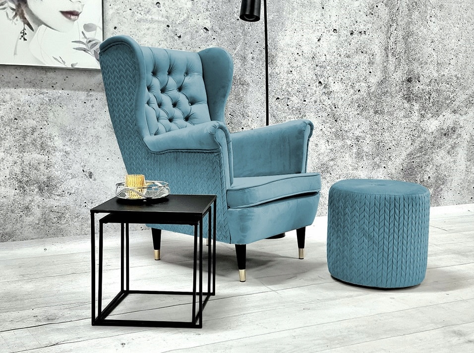 FOTEL USZAK GLAMOUR CHESTERFIELD PODNÓŻEK PREMIUM