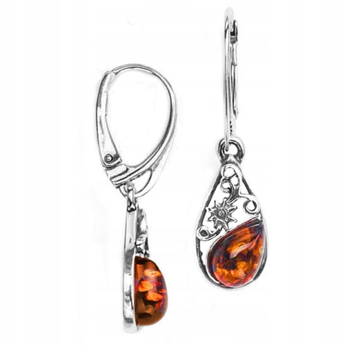 Stříbrné Náušnice vintage retro s Jantarem stříbro 925, zapínání Anglické