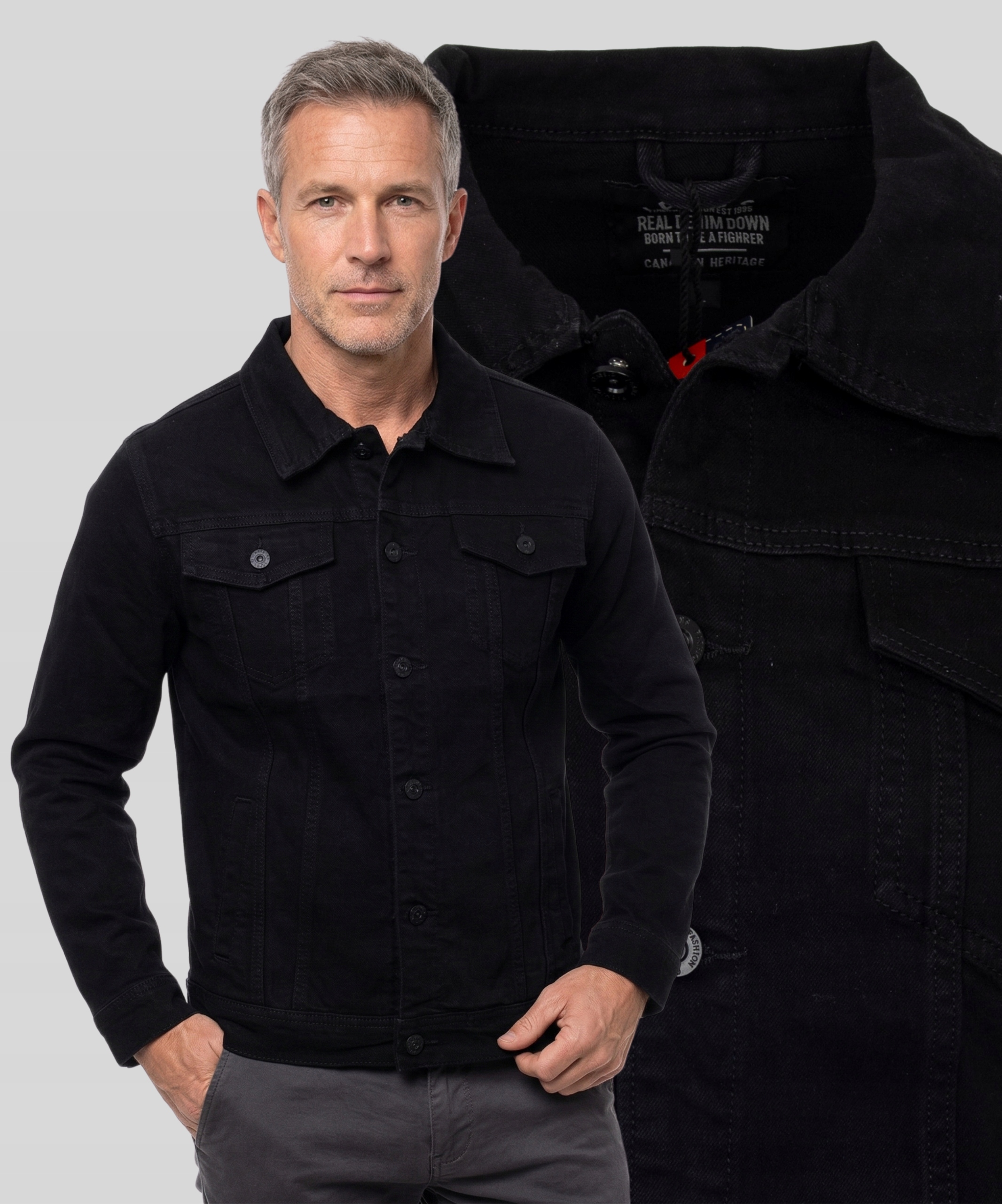 Kurtka wiosenna męska Czarna bawełniana katana jeansowa Klasyczny fason L