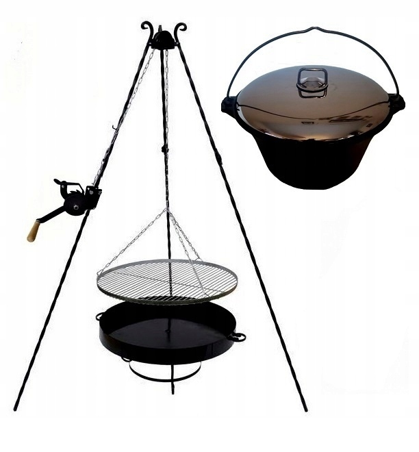 Zahradní gril nerezový rošt 60 naviják litinový kotlík 8 s víkem