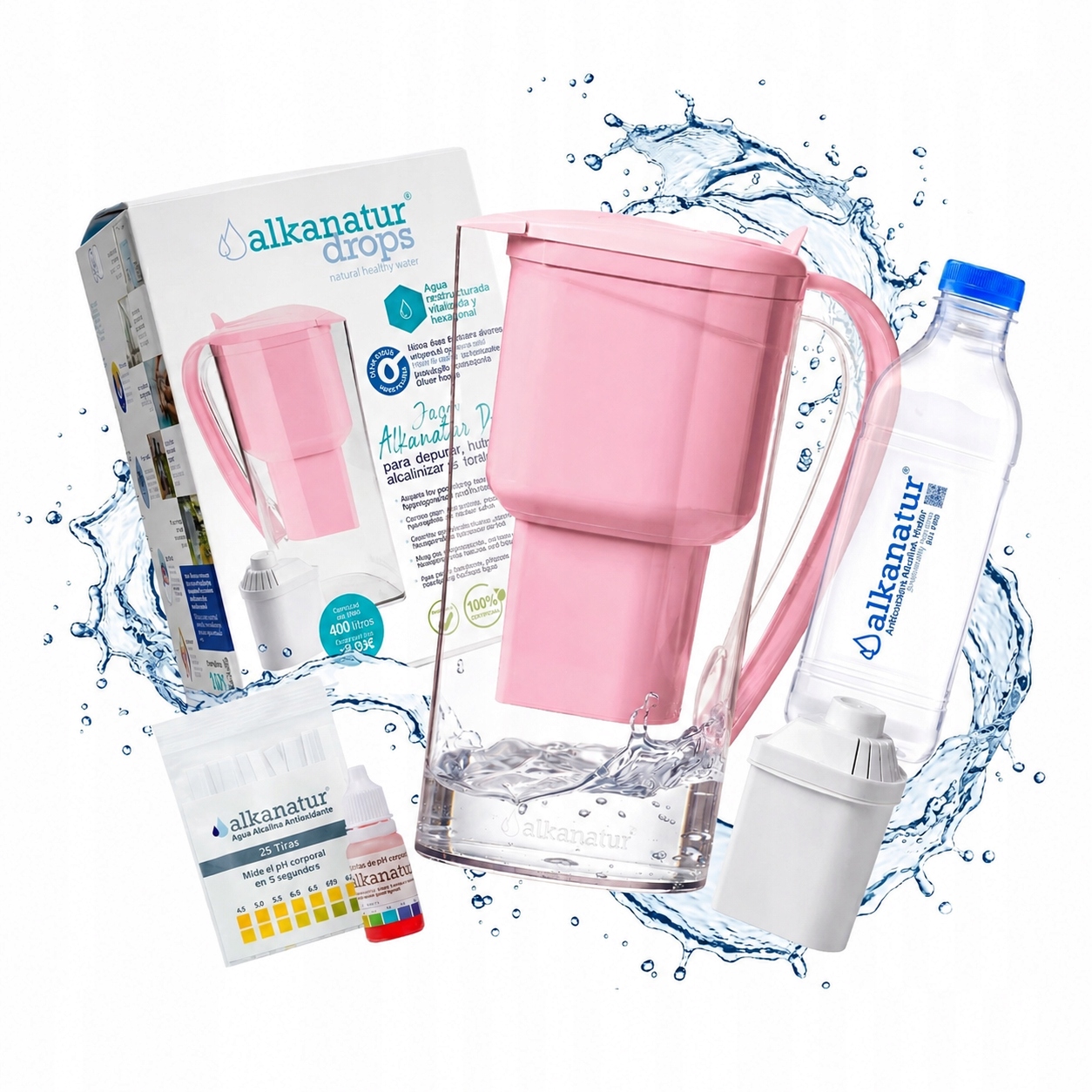 Alkanatur Drops Filtrační Konvice Alkalická 1,4L Růžová pH 9,5 Výkonná