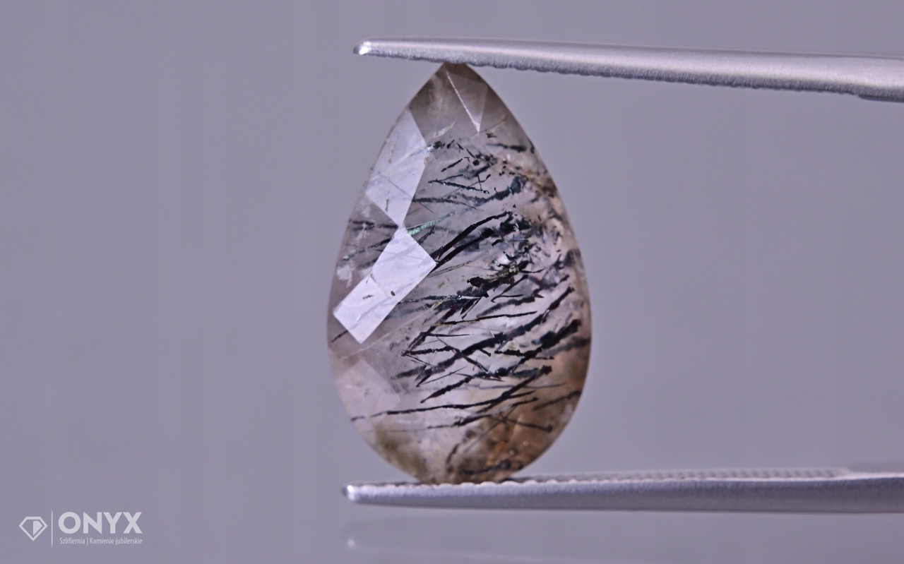 Křemen s gethitem fasetovaný slza 17x10,5 mm