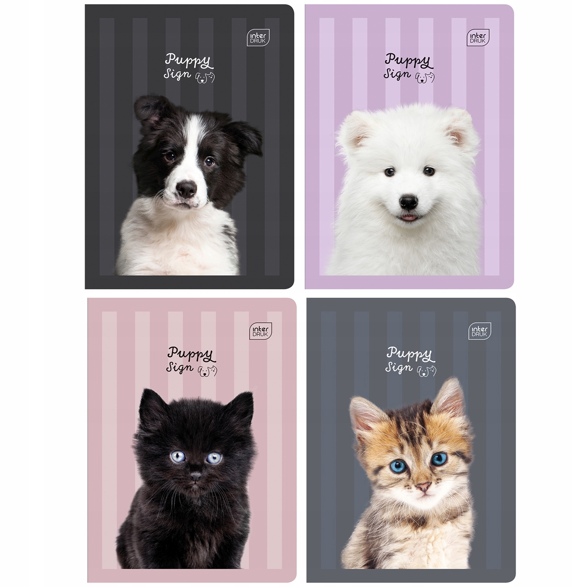 4 X Zeszyt A5, 32 Kartki, W Trzy Linie, Interdruk Puppy Sign, Pieski, Kotki