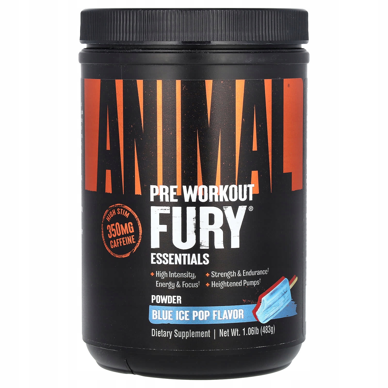 Animal, Fury Essentials, předtréninkovka, modrý led, 483 g