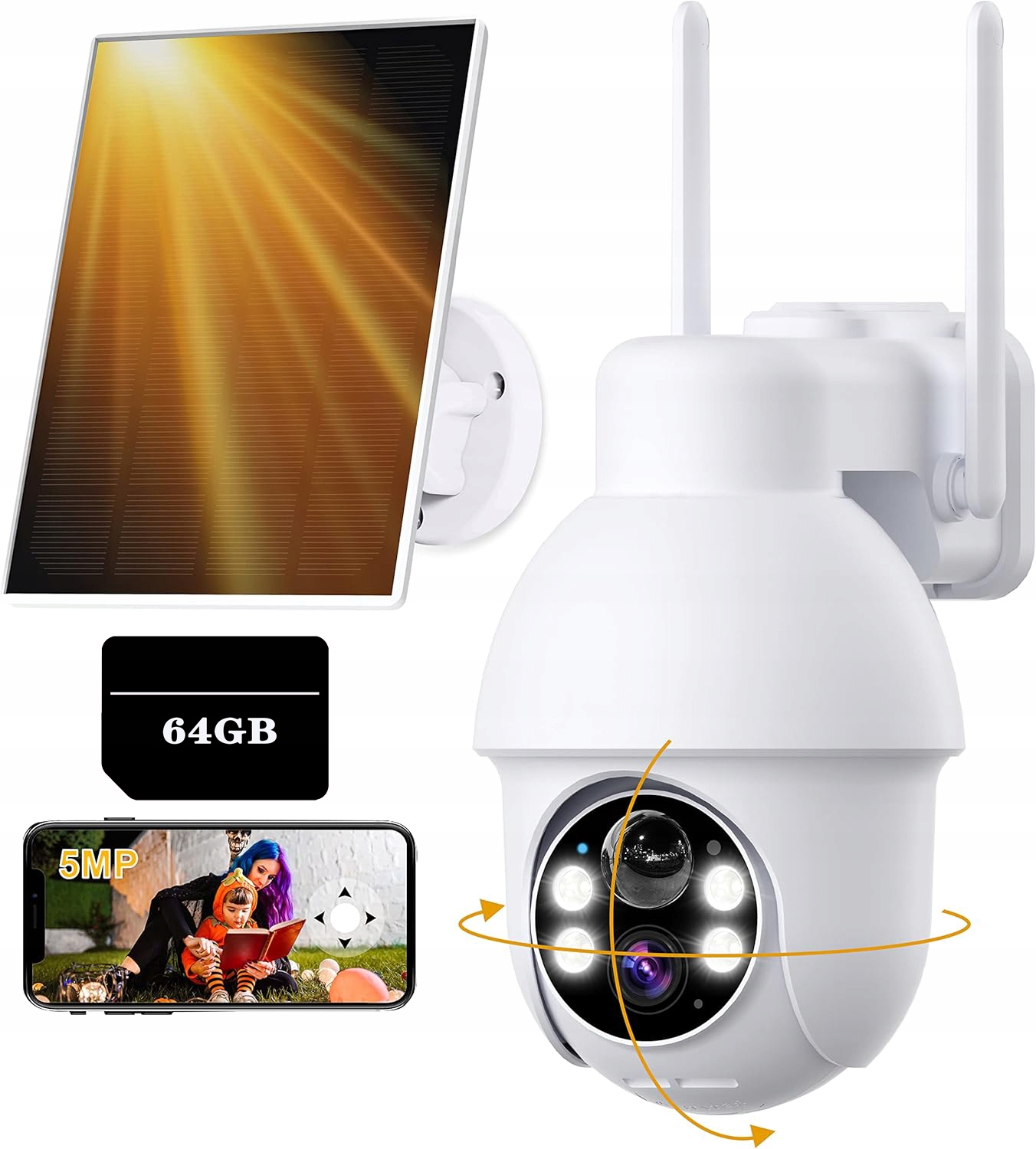 5MPX Venkovní Otočná Solární Kamera Ip Wifi 4x Zoom Alarm Baterie 64GB