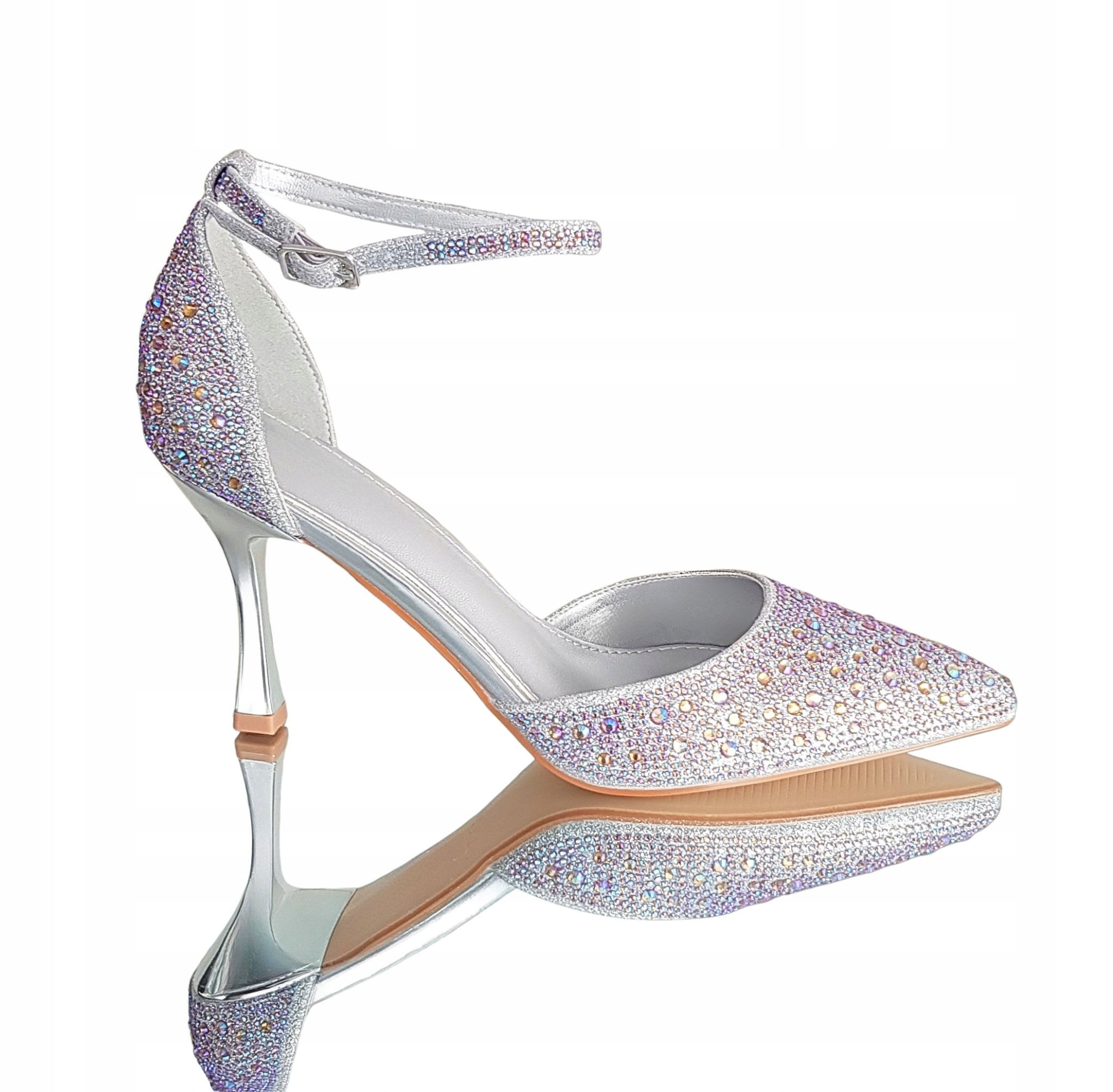 Srebrne Buty Czółenka Opalizujące Cyrkonie Szpilki Pasek W Kostce 38