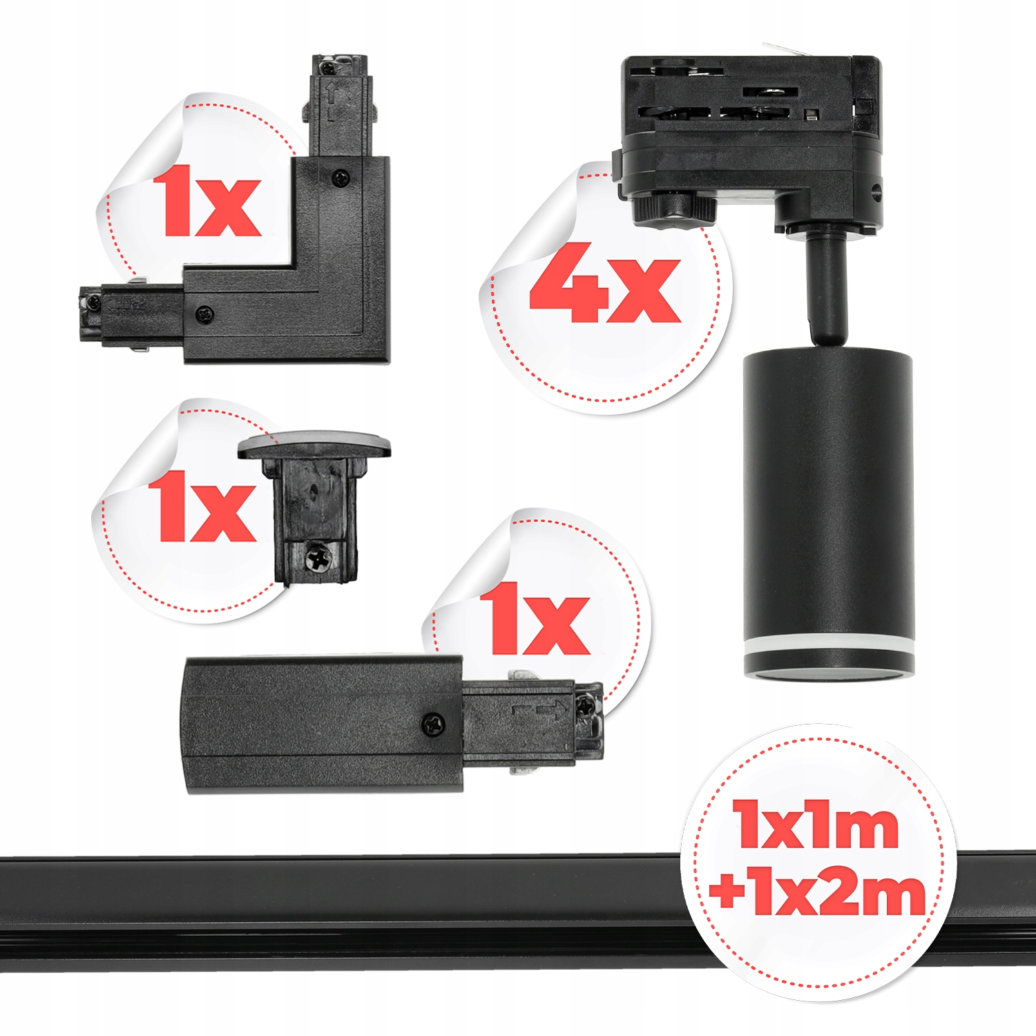 Zestaw Szynowy 3 FAZOWY 4x Lampa na GU10 + Szyna 1m+2m + Łącznik L CZARNY EAN (GTIN) 5902201391169