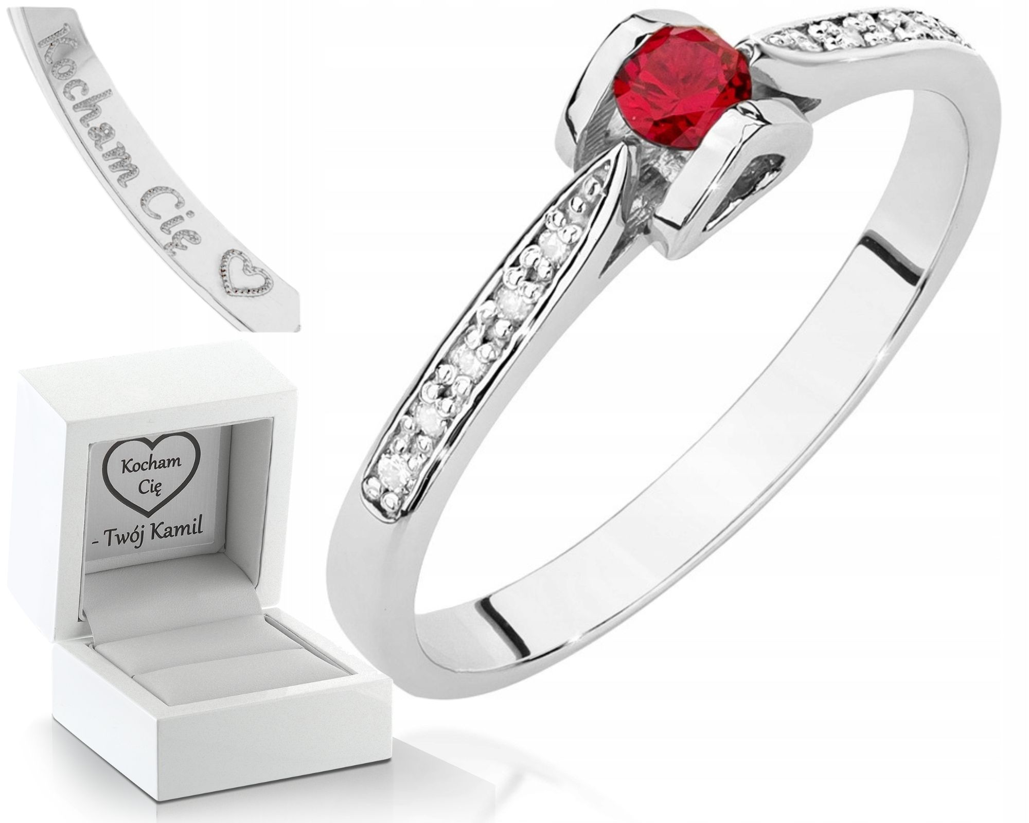 Prstýnek V Bílém Zlatě Rubín S Briliantovým Gravírování