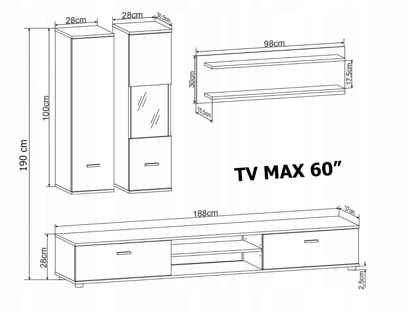 Meblościanka zestaw mebli RTV do salonu WOW 188x190x37 cm nowoczesna Kolor frontów biały